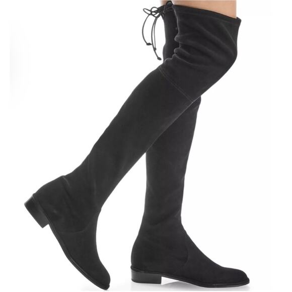 Stuart Weitzman Lowland Boots Over The Knee Suede Leather Block Heel Flat, Black - Picture 1 of 16
